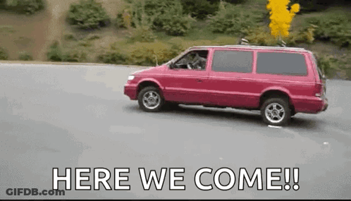 Red Van Driving With Here We Come GIF
