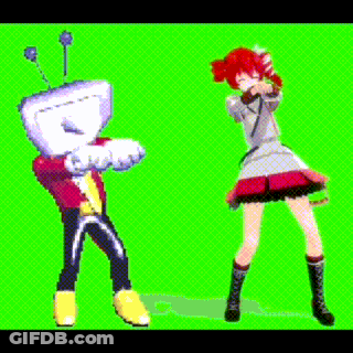 Redhead Girl Dancing Next To Robot GIF