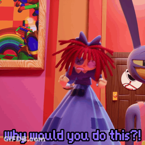 Redhead In Blue Dress Says Why Would You Do This GIF