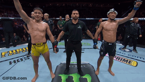 Referee Between Two Fighters In Cage With Monster Energy Drink GIF