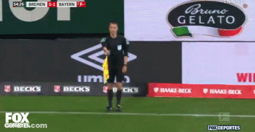 Referee On Soccer Field With Bruno Gelato Sign GIF