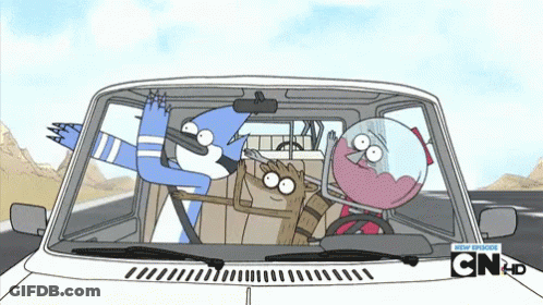 Regular Show Cartoon Characters Driving A Car With Cn Hd Written On The Hood GIF