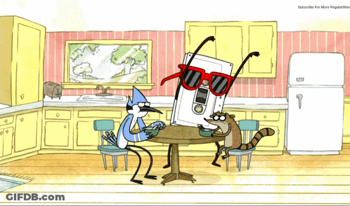 Regular Show Two Birds And A Raccoon Sitting At Table GIF