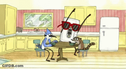 Regular Show Two Birds Sitting At Table GIF