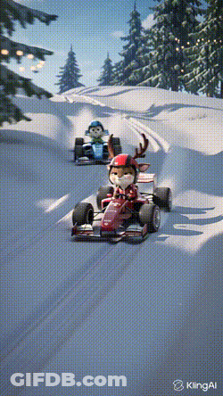 Reindeer Driving Race Car In Snow GIF