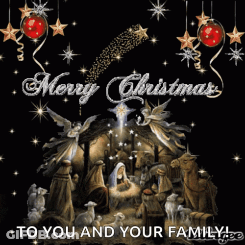 Religious Christmas Snowing In Manger GIF