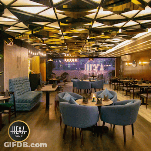 Restaurant With Tables And Chairs And Hexa Dine Logo GIF