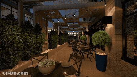 Restaurant With Tables Chairs And Blue Potted Plant GIF
