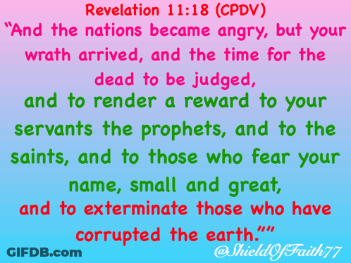Revelation 11:18 Cpdv Is Written On A Blue And Pink Background GIF