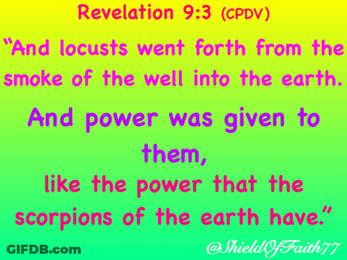 Revelation 9 : 3 Is Written On A Green Background GIF