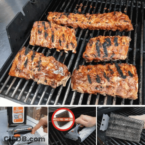Ribs Cooking On Grill Next To BBQ Sauce GIF