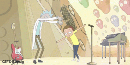 Rick And Morty Are Dancing In Front Of A Microphone In A Cartoon GIF