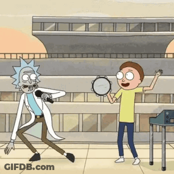 Rick And Morty Are Playing Instruments In A Cartoon While Rick Is Singing Into A Microphone . GIF