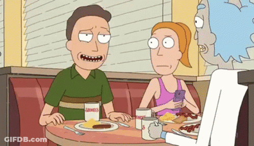 Rick And Morty Are Sitting At A Diner Table With A Woman GIF