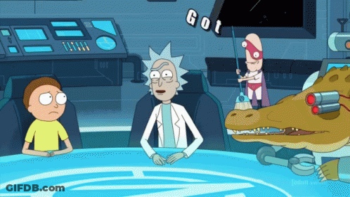 Rick And Morty Are Sitting At A Table With A Cartoon Character Holding A Mop That Says " Gol " GIF