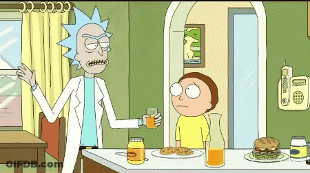Rick And Morty Are Sitting At A Table With A Jar Of Honey And A Pitcher Of Orange Juice GIF