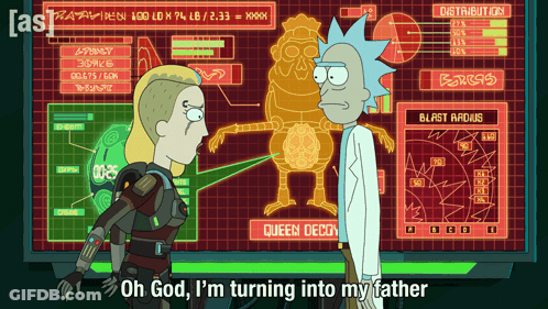 Rick And Morty Are Standing In Front Of A Screen That Says Queen Decoy GIF