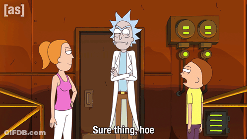 Rick And Morty Are Standing Next To Each Other And They Say Sure Thing Hoe GIF
