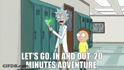 Rick And Morty Are Standing Next To Each Other In A Hallway Holding A Green Object . GIF