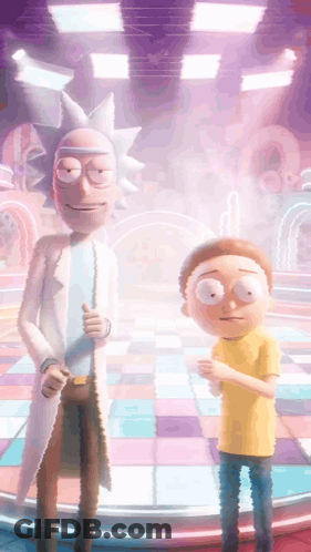 Rick And Morty Dancing On Colorful Floor GIF