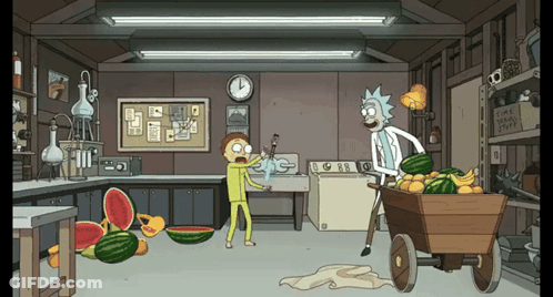 Rick And Morty In Kitchen With Watermelons GIF