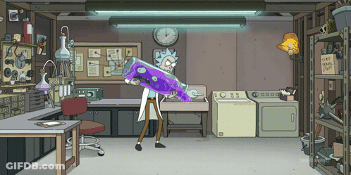 Rick And Morty In Laundry Room With Time Travel Stuff Box GIF