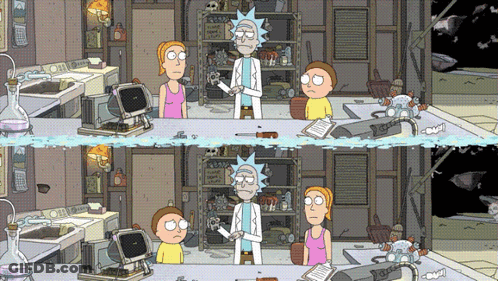 Rick And Morty Sitting At Table With Clipboard GIF