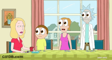 Rick And Morty Sitting At Table With Woman GIF