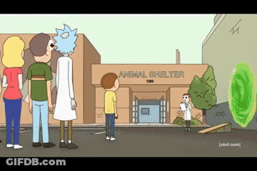 Rick And Morty Standing In Front Of Animal Shelter GIF
