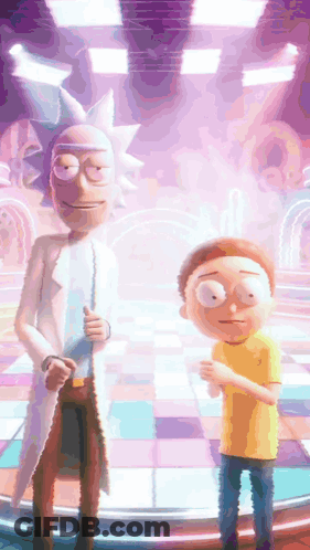 Rick And Morty Standing Next To Each Other On A Checkered Floor GIF