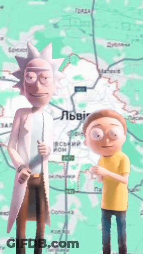 Rick And Morty Standing On Map Of Lviv GIF