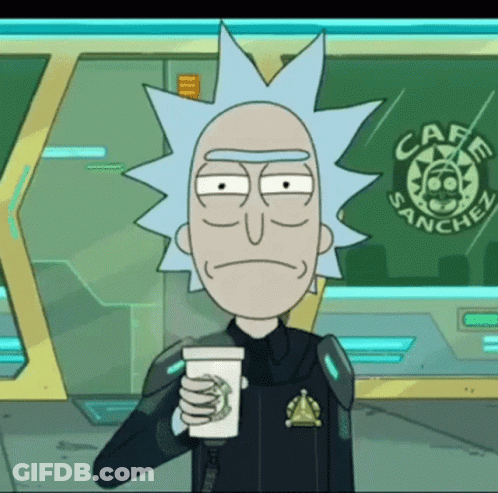 Rick From Rick And Morty Holding Coffee In Front Of Cafe Sanchez Sign GIF