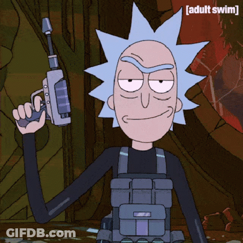 Rick From Rick And Morty Holding Gun Says Adult Swim GIF