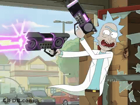 Rick From Rick And Morty Holding Gun With Purple Light GIF