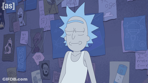 Rick From Rick And Morty In Front Of Wall Of Papers GIF