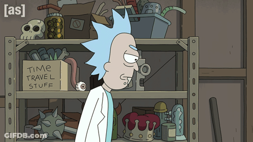 Rick From Rick And Morty Is Standing In Front Of A Shelf Full Of Time Travel Stuff GIF