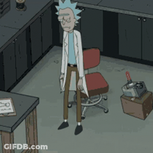 Rick From Rick And Morty Sitting In Chair Holding Gun GIF