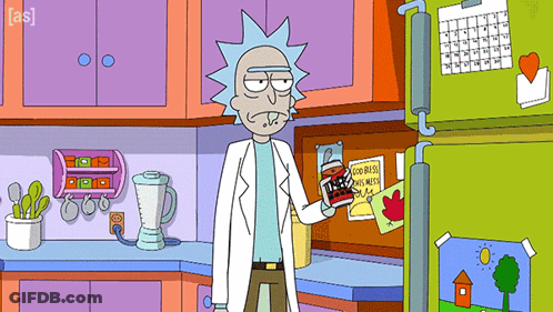 Rick From Rick And Morty Standing In Kitchen Holding Bottle GIF
