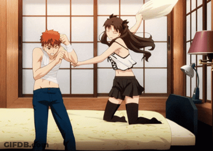 Rin Tohsaka Beating Shirou Emiya Using Pillow GIF