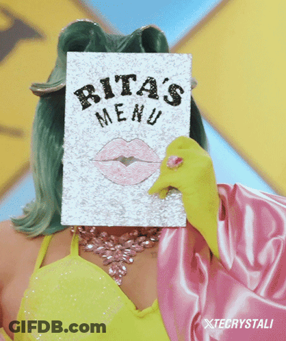 Rita 'S Menu Is Being Held Up By A Woman GIF