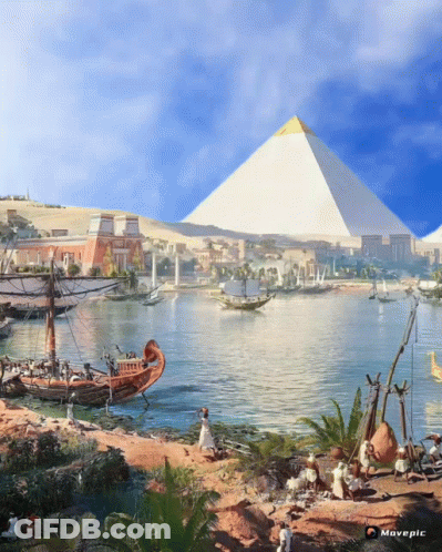 River Painting With Pyramid And Movepic GIF