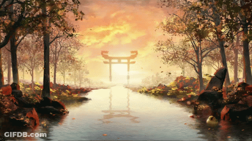 River Surrounded By Trees And Torii Gate GIF