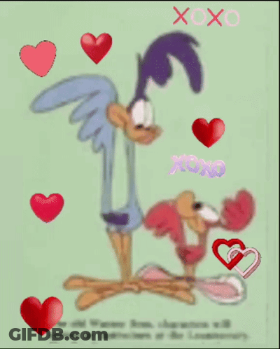 Road Runner And Coo Coo Surrounded By Hearts Saying I Love You GIF