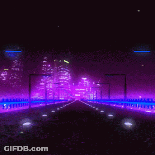 Road With Purple Lights Leading To City GIF