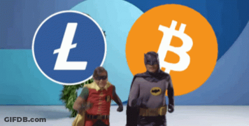 Robin And Batman Walking Bitcoin Litecoin Symbol GIF