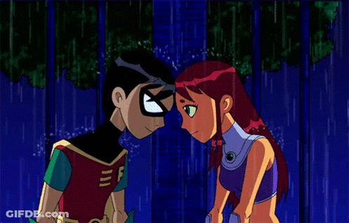 Robin And Starfire Looking At Each Other In Rain GIF