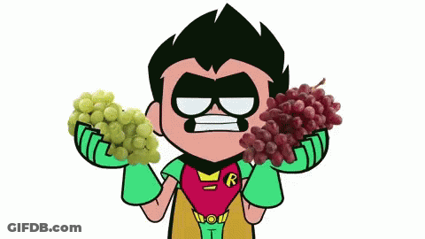 Robin From Teen Titans Go Is Holding A Bunch Of Grapes In His Hands GIF