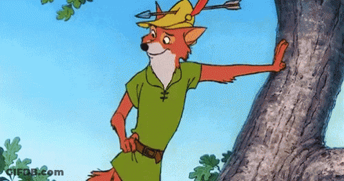 Robin Hood Is Leaning Against A Tree While Wearing A Hat And Holding An Arrow . GIF
