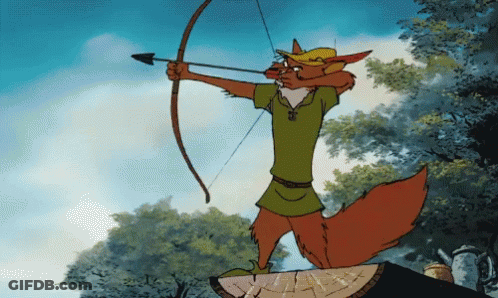 Robin Hood Is Standing On A Tree Stump With A Bow And Arrow In His Hand GIF