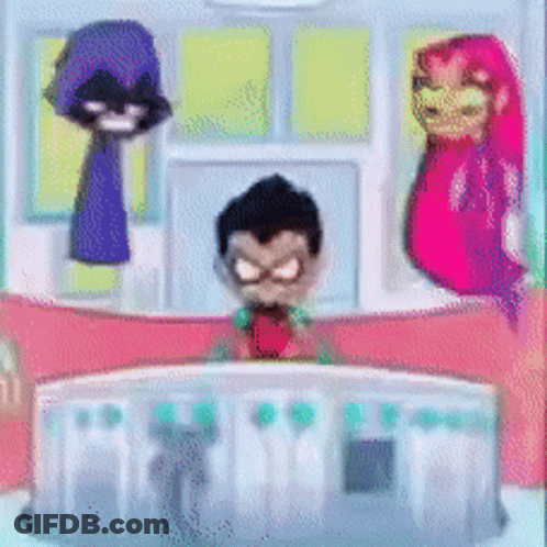 Robin Raven And Starfire Standing In Room GIF